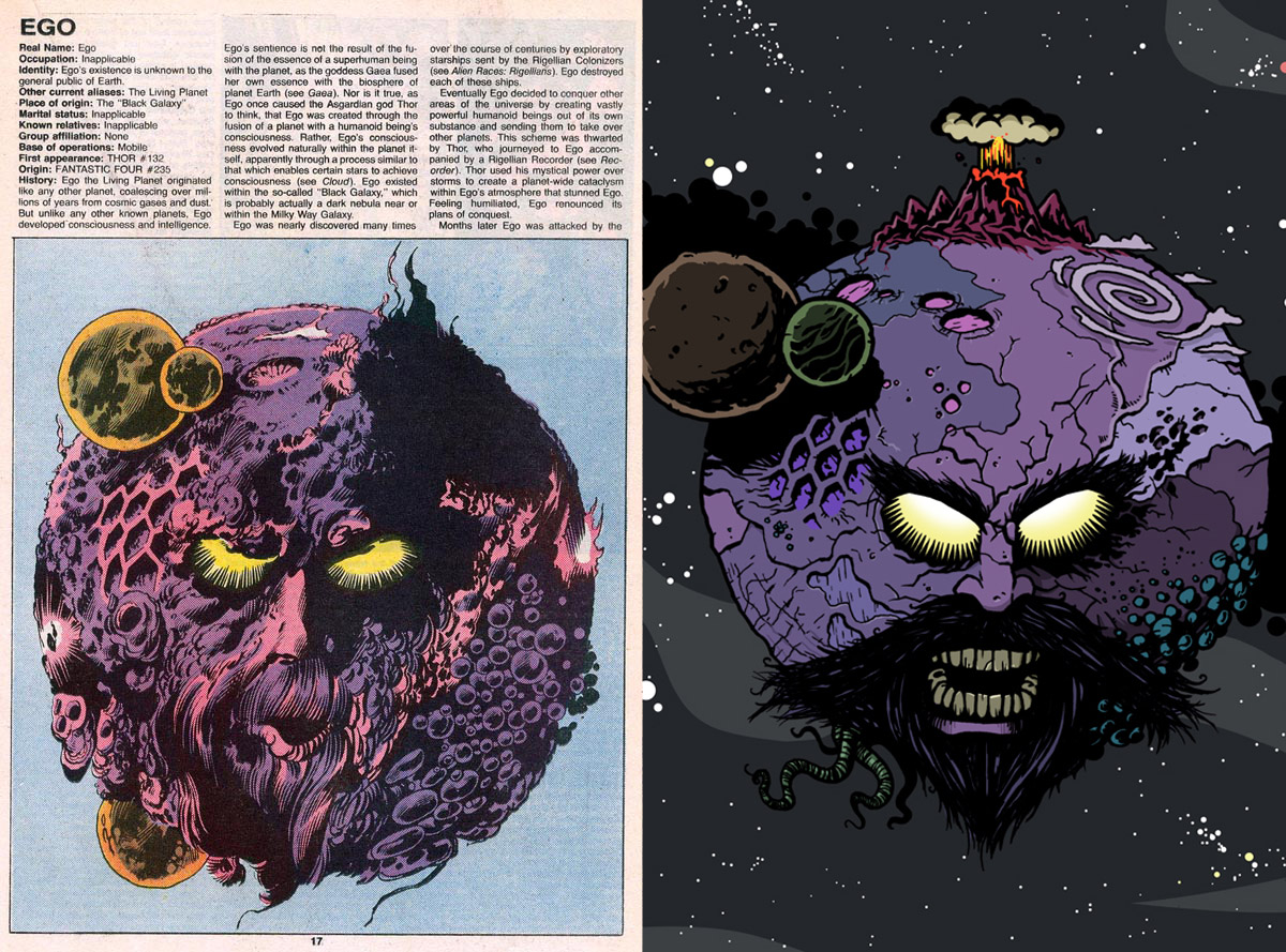 Открытки с Эго Живой Планетой из Вселенной комиксов Марвел. 